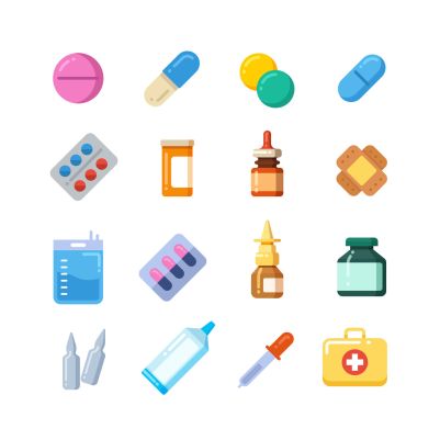Medicine cartoon pill, drug, table, antibiotics, medication dose flat icons